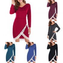 Fashion Long Sleeve Cowl Neck Lace Spliced Irregular Hem Dress