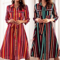 Fashion 3/4 Sleeve POLO Collar Colorful Striped Shirt Dress