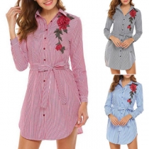 Fashion Rose Embroidered Long Sleeve Striped Shirt Dress