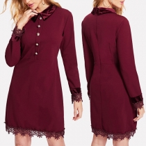 Elegant Solid Color Long Sleeve POLO Collar Lace Spliced Dress