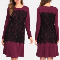 Fashion Long Sleeve Round Neck Lace Spliced Dress