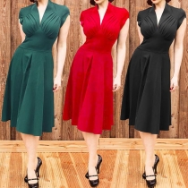 OL Style Cap Sleeve V-neck High Waist Solid Color Dress
