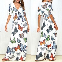 Sexy V-neck Short Sleeve Butterfly Printed Maxi Dress