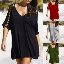 Fashion Hollow Out Half Sleeve V-neck Solid Color Beach Dress