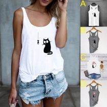 Cute Cat Printed Round Neck Casual Tank Top