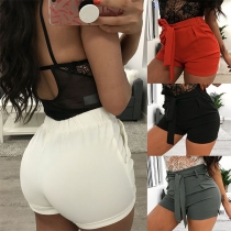 Fashion Solid Color Lace-up High Waist Sports Shorts