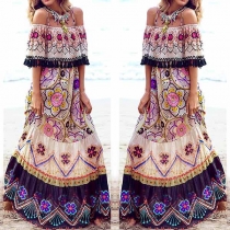 Bohemian Style Off-shoulder Boat Neck Printed Sling Dress