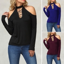 Sexy Off-shoulder Long Sleeve Hollow Out Solid Color Top