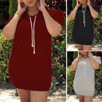 Sexy Backless Short Sleeve Hooded Solid Color Dress