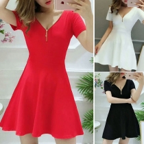 Elegant Solid Color Short Sleeve V-neck A-line Dress