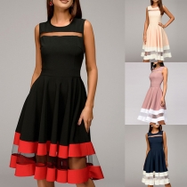 Fashion Contrast Color See-through Gauze Spliced Sleeveless Dress