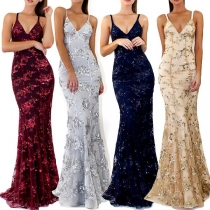 Sexy Backless V-neck Sling Sequin Party Dress