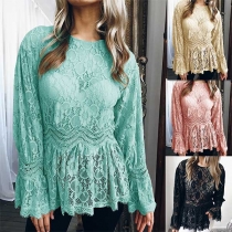 Fashion Round-neck Solid Color Embroidered Long Trumpet Sleeve Top
