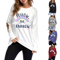 Fashion Round-neck Long Sleeve Rainbow Letters Printed Pattern Shirt