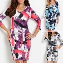 Fashion Contrast Color Round-neck 3/4 Sleeve Printed Pattern Slim Fit Dress