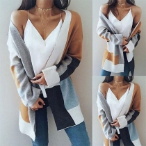Fashion Contrast Color Long Sleeve Long Knitted Cardigan 