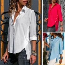Fashion Solid Color Long Sleeve High-low Hem Shirt