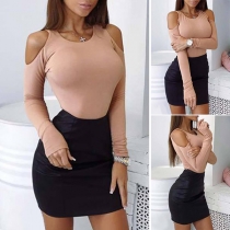 Sexy Off-shoulder Long Sleeve Round Neck Solid Color Bodysuit