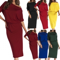 Elegant Solid Color Half Sleeve Oblique Shoulder Dress