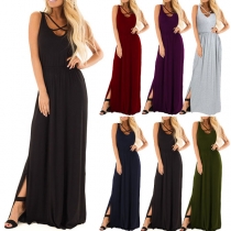 Fashion Solid Color Sleeveless Crossover V-Neck Slit Hem Dress