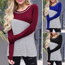 Fashion Contrast Color Long Sleeve Round Neck Striped T-shirt 
