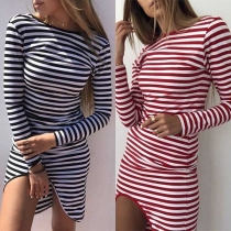 Sexy Backless Long Sleeve Irregular Hem Slim Fit Striped Dress