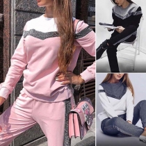 Fashion Contrast Color Long Sleeve Round Neck Sports Suit