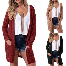 Fashion Solid Color Long Sleeve Hooded Knit Cardigan