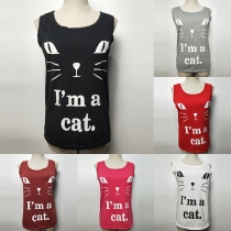 Cute Cat Printed Printed Sleeveless Round Neck T-shirt 