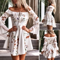 Sexy Off-shoulder Boat Neck Trumpet Sleeve Lace-up Printed Dress