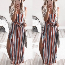 Sexy V-neck Slit Hem Colorful Striped Dress