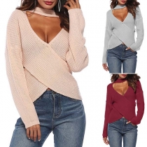 Sexy Crossover Hollow Out Long Sleeve Solid Color Sweater