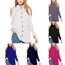 Fashion Solid Color Lapel Collar Off-shoulder Single-breasted Long Sleeve Shirt