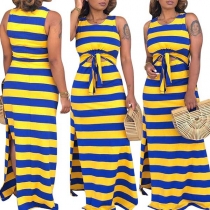 Fashion Sleeveless Striped Crop Top + Slit Hem Skirt Two-piece Set