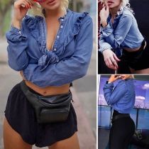Fashion Solid Color Lotus Spliced Long Sleeve Single-breasted Denim Shirt