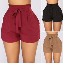 Fashion High Waist Solid Color Lace-up Shorts