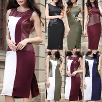 OL Style Sleeveless Round Neck PU Leather Spliced Contrast Color Dress