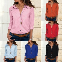 Fashion Solid Color Long Sleeve POLO Collar Keyhole Shirt