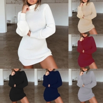 Fashion Solid Color Long Sleeve Turtleneck Slim Fit Knit Dress