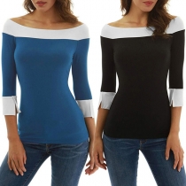 Fashion Contrast Color Boat Neck 3/4 Sleeve Slim Fit T-shirt