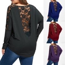 Fashion Lace Spliced Long Sleeve Round Neck Loose T-shirt