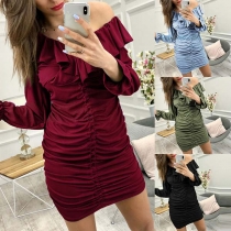 Sexy Ruffle Boat Neck Long Sleeve Slim Fit Party Dress