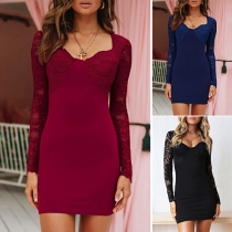 Sexy Lace Spliced Long Sleeve Slim Fit Dress