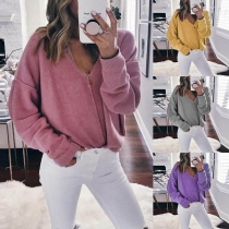 Fashion Solid Color Long Sleeve V-neck Loose Sweater