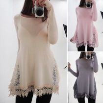 Fashion Solid Color Long Sleeve Round Neck Lace Spliced Hem Dress