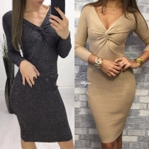 Sexy Twisted V-neck Long Sleeve Solid Color Slim Fit Knit Dress