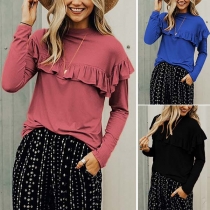 Fashion Solid Color Long Sleeve Round Neck Ruffle T-shirt