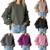 Fashion Solid Color Long Sleeve Round Neck Ruffle T-shirt