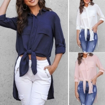 Fashion Solid Color Long Sleeve Knotted Hem Shirt 