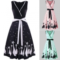Sexy Deep V-neck Sleeveless Cat Printed Dress